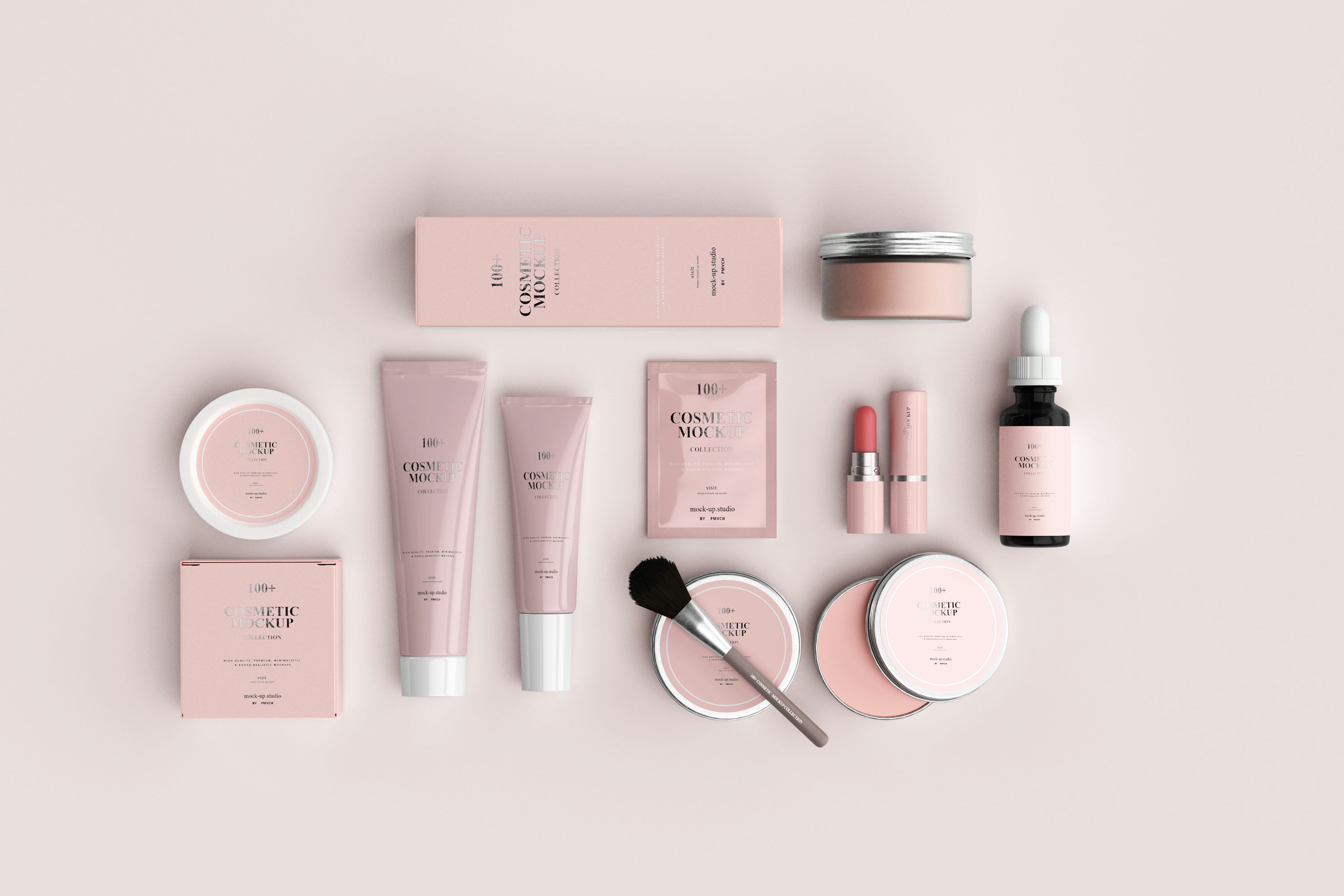 Illustrative neutral cosmetics mockup arrangement