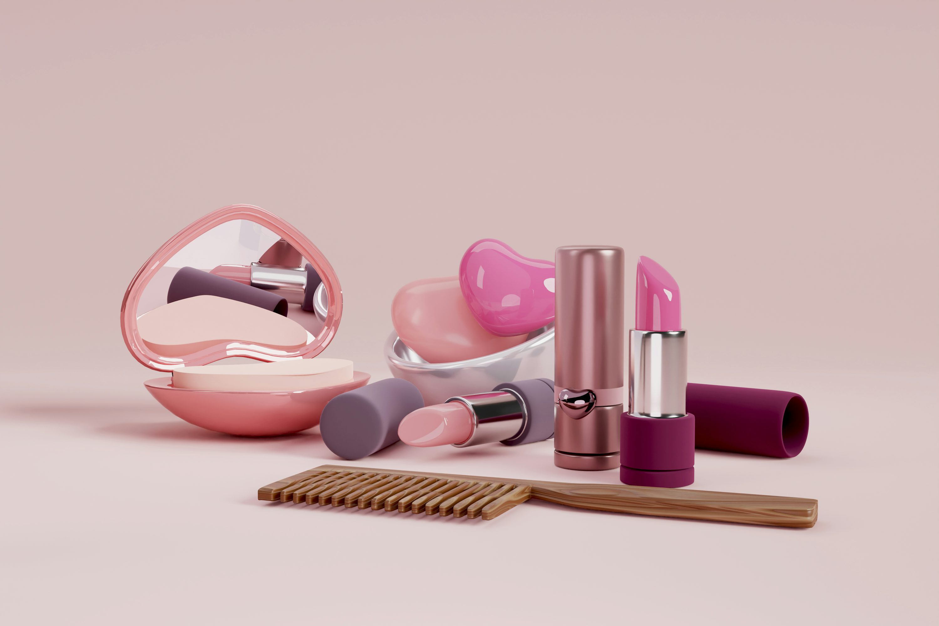 Illustrative unbranded pink lipstick and cosmetics arrangement